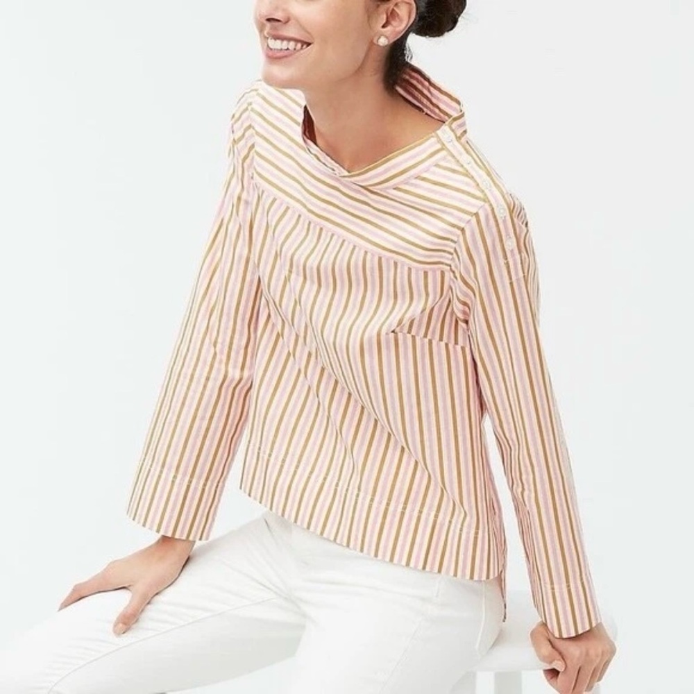 NWT J. Crew Funnelneck Top Poplin Hi-Low Size 12 Stripe Pink Khaki